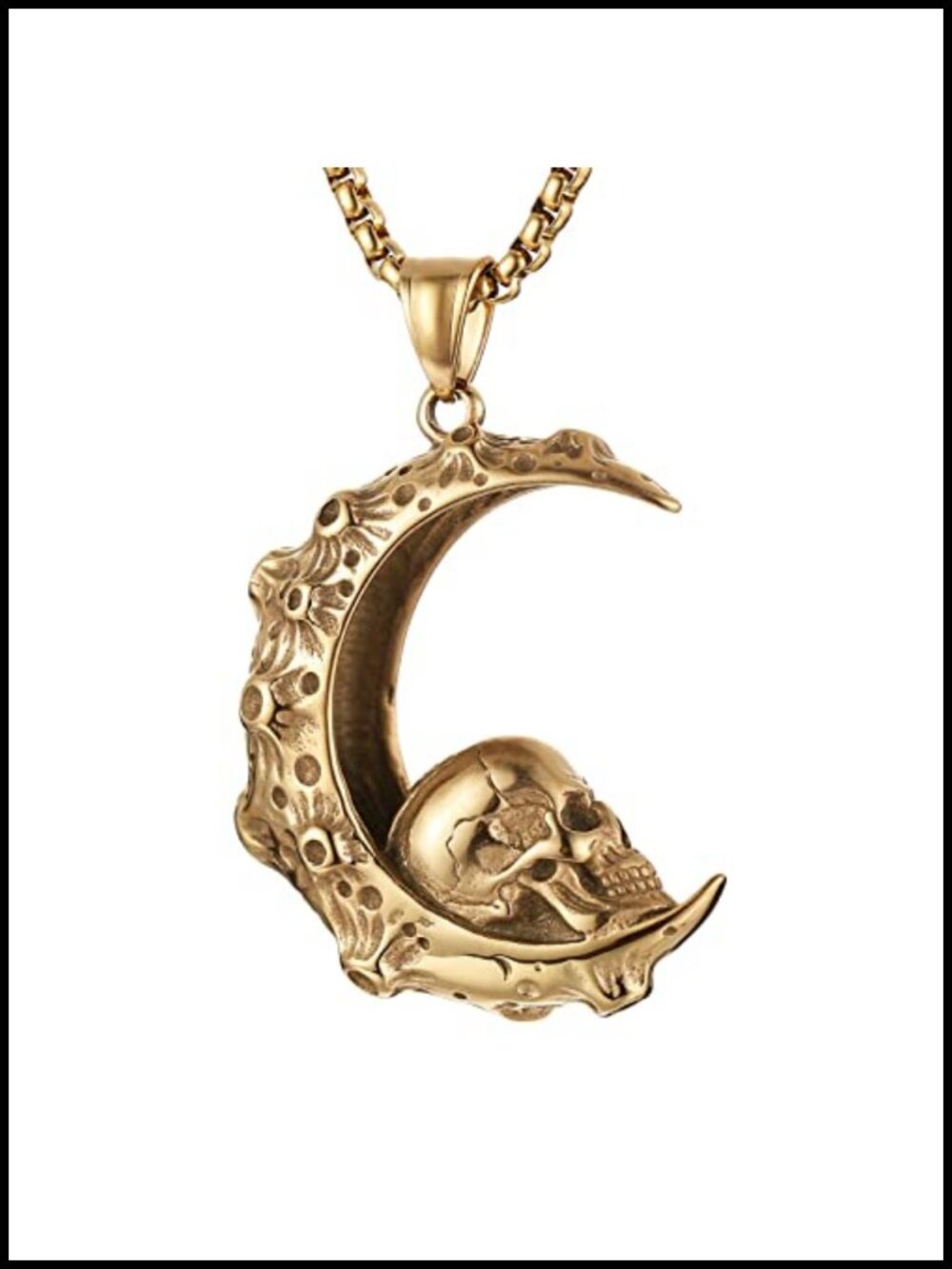 Gothic Moon Crescent Skull Stainless Steel Pendant Necklace 22in Chain